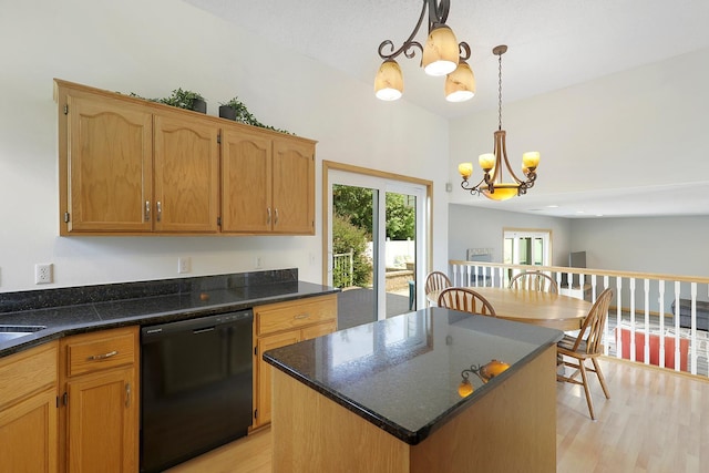20736 196th Ave NW, Big Lake Twp, MN 55309 - kitchen featuring black dishwasher, a chandelier, a kitchen island, light wood finished floors, and pendant lighting