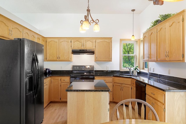 20736 196th Ave NW, Big Lake Twp, MN 55309 - kitchen with black appliances, under cabinet range hood, light wood-style floors, a kitchen island, and pendant lighting