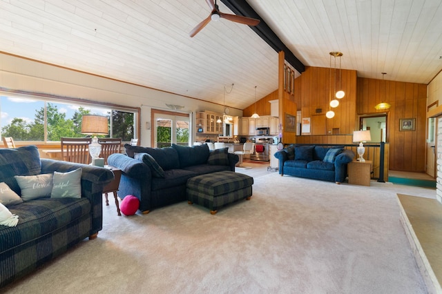 1928 Loop Rd, Two Harbors, MN 55616 - living area featuring light colored carpet, wood walls, a ceiling fan, and wooden ceiling