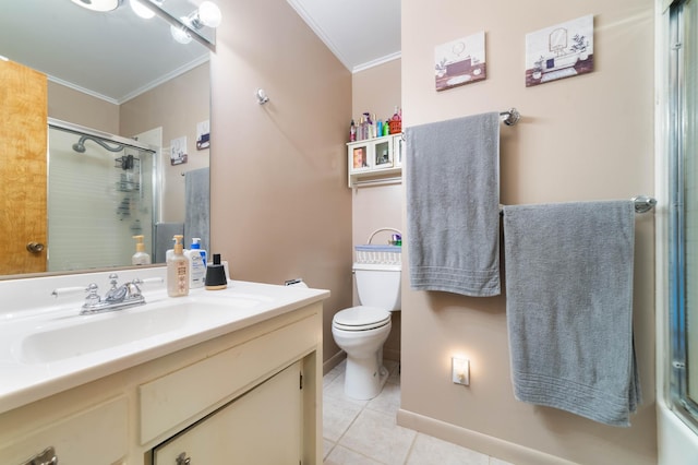 1928 Loop Rd, Two Harbors, MN 55616 - full bath with crown molding, tile patterned floors, a shower with door, vanity, and toilet