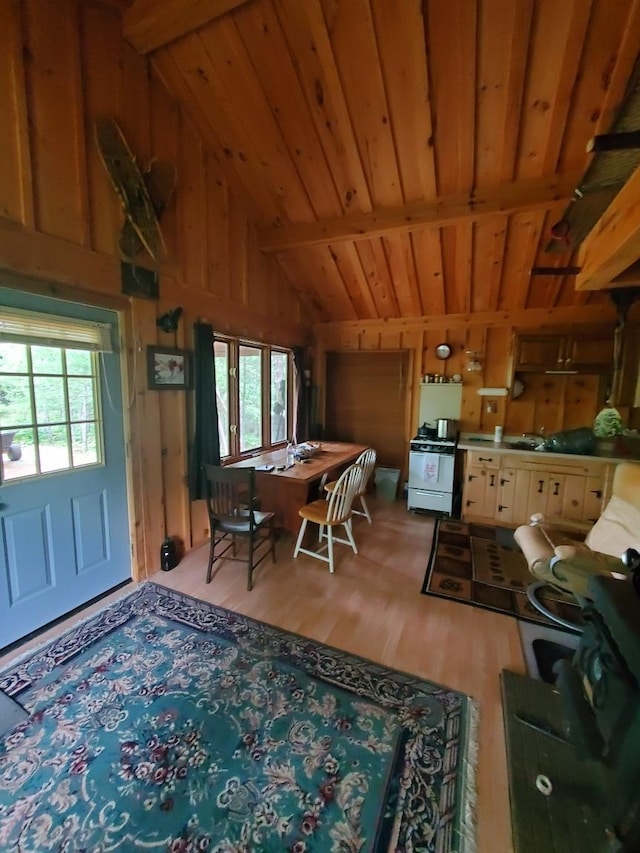 TBD Echo Trl, Greenwood Twp, MN 55771 - dining space with plenty of natural light, wood finished floors, wooden walls, and wood ceiling
