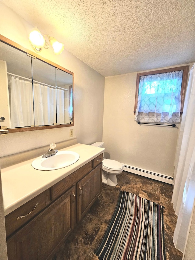 735 Main St N, Hutchinson, MN 55350 - bathroom with a baseboard radiator, a textured ceiling, vanity, and a shower with shower curtain