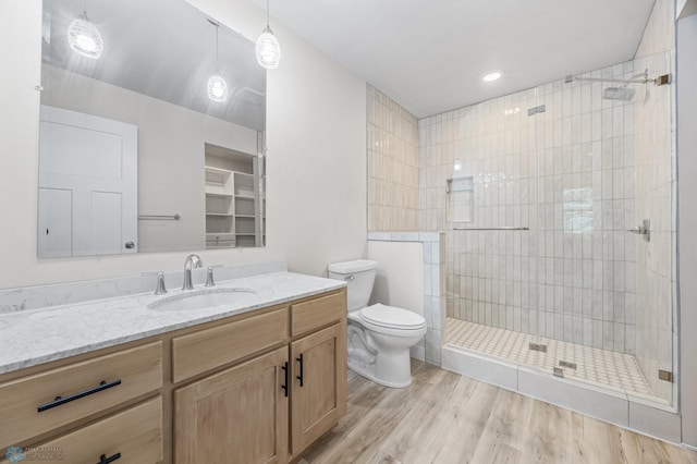 11763 230th St N, Keene Twp, MN 56549 - full bathroom with toilet, vanity, a shower stall, and wood finished floors