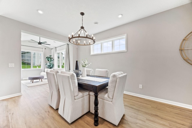 14645 Cloquet St, Dayton, MN 55327 - dining area with a chandelier, light wood-style flooring, a ceiling fan, and recessed lighting