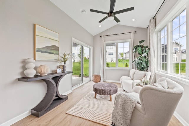 14645 Cloquet St, Dayton, MN 55327 - sitting room featuring a ceiling fan, light wood-style flooring, vaulted ceiling, and recessed lighting