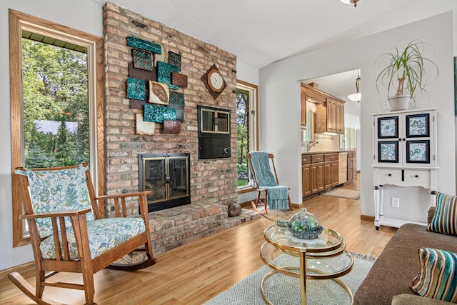 17000 Jackal St NW, Ramsey, MN 55303 - living area featuring light wood-style flooring and a brick fireplace