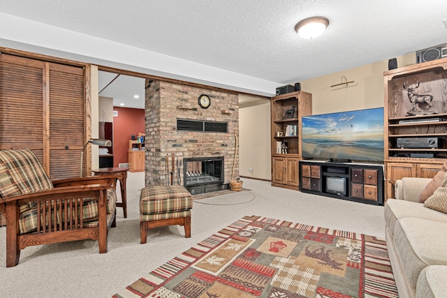 17000 Jackal St NW, Ramsey, MN 55303 - carpeted living area featuring a textured ceiling and a brick fireplace