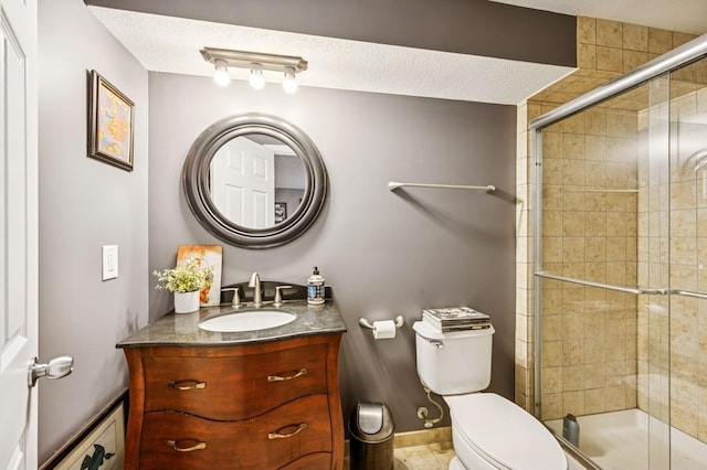 2500 Ensign Ave N, Golden Valley, MN 55427 - bathroom with vanity, a stall shower, a textured ceiling, and tile patterned flooring
