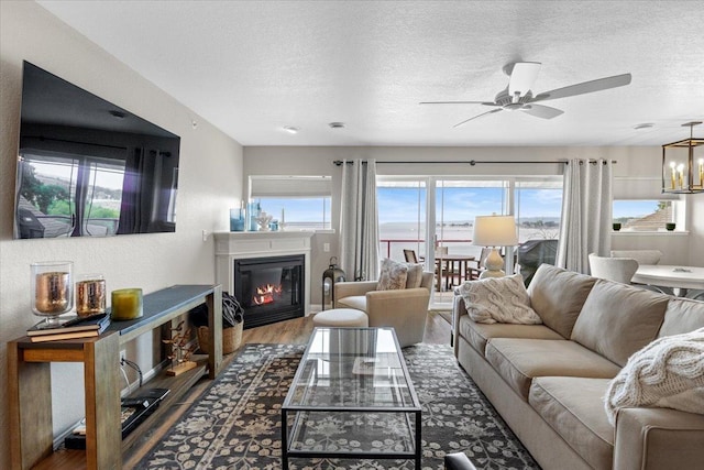 1702 Lakeshore Dr Unit 3, Lake City, MN 55041 - living room featuring wood finished floors, a glass covered fireplace, a ceiling fan, and a textured ceiling