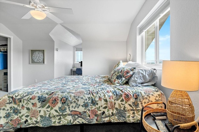 1702 Lakeshore Dr Unit 3, Lake City, MN 55041 - bedroom featuring multiple windows, lofted ceiling, ceiling fan, and carpet flooring