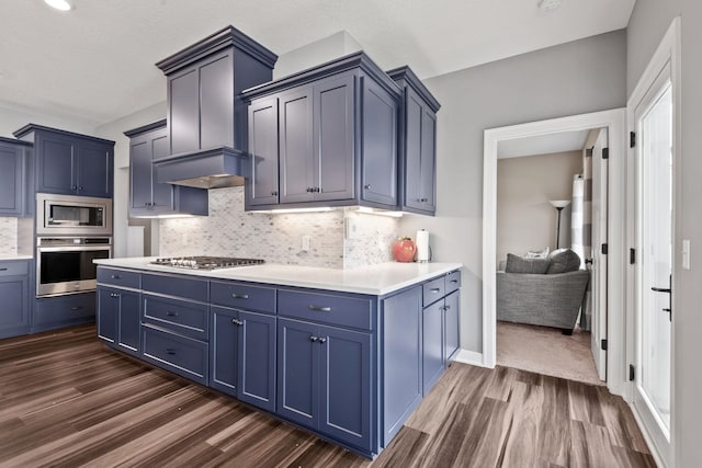1401 142nd Ct E, Rosemount, MN 55068 - kitchen with stainless steel appliances, blue cabinetry, dark wood finished floors, and light countertops