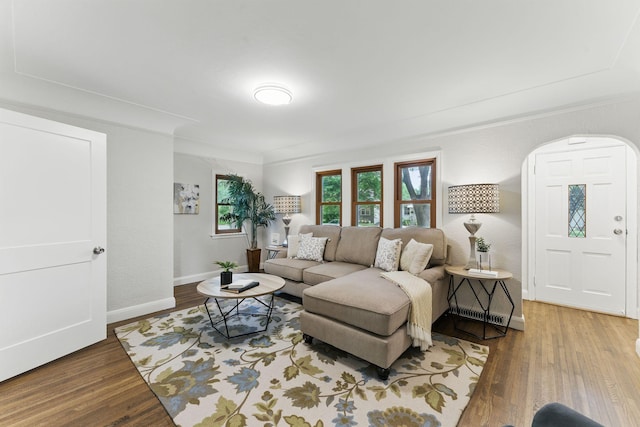1032 Scheffer Ave, Saint Paul, MN 55102 - living room with wood finished floors, baseboards, arched walkways, and ornamental molding