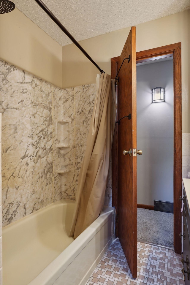 1060 Greer Ave NW, Albion Twp, MN 55358 - bathroom with shower / tub combo with curtain, a textured ceiling, and vanity