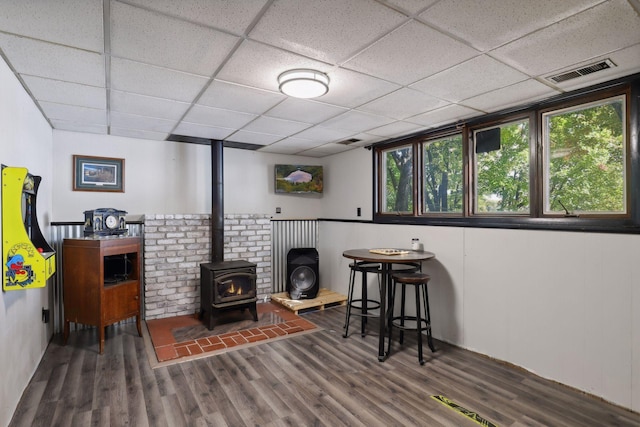 1060 Greer Ave NW, Albion Twp, MN 55358 - living area featuring a wood stove, wood finished floors, and a paneled ceiling