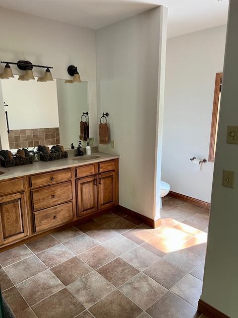 23567 Timber Trail Dr, Bemidji, MN 56601 - full bathroom with double vanity, toilet, and baseboards