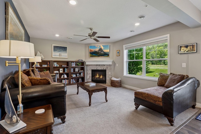 13824 102nd Pl N, Maple Grove, MN 55369 - living room featuring a ceiling fan, a fireplace, and recessed lighting