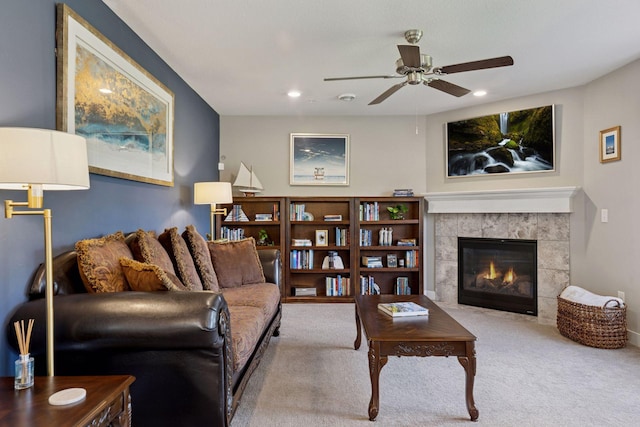 13824 102nd Pl N, Maple Grove, MN 55369 - living room with a ceiling fan, carpet floors, a tiled fireplace, and recessed lighting
