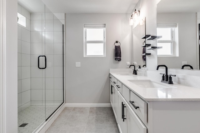 17993 Giants Way, Lakeville, MN 55044 - full bathroom featuring plenty of natural light, double vanity, a stall shower, and tile patterned flooring