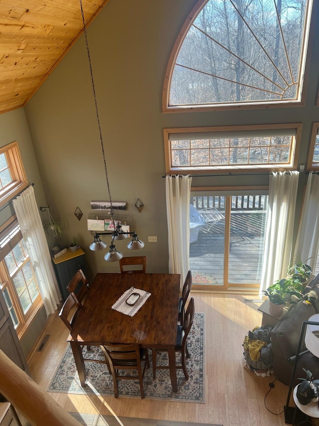 454 Wagon Wheel Dr SE Unit 17, Ten Lake Twp, MN 56601 - dining area with a high ceiling, hardwood / wood-style flooring, and wood ceiling