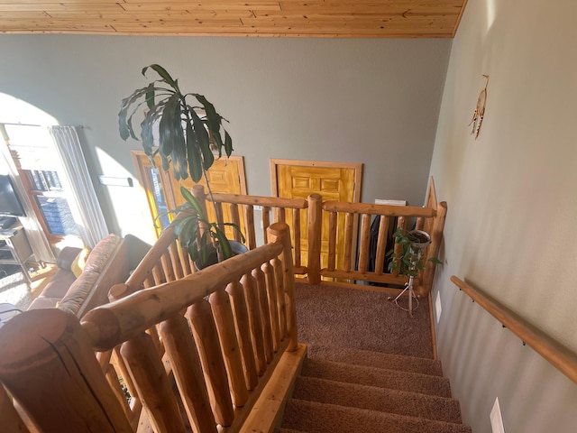 454 Wagon Wheel Dr SE Unit 17, Ten Lake Twp, MN 56601 - staircase featuring carpet flooring and wooden ceiling