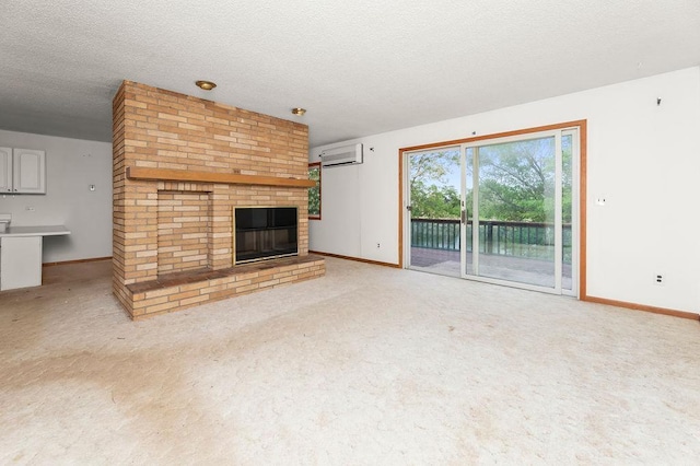43394 Long Lake Ln, Ottertail, MN 56571 - unfurnished living room featuring a wall unit AC, a brick fireplace, a textured ceiling, and light carpet