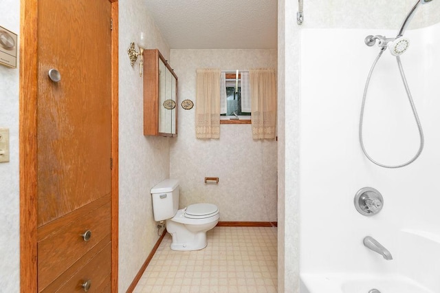 43394 Long Lake Ln, Ottertail, MN 56571 - bathroom with tile patterned floors, bathing tub / shower combination, a textured ceiling, and wallpapered walls