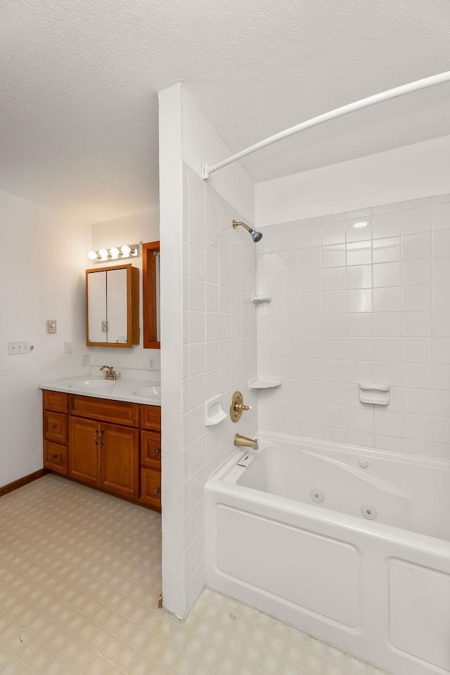 43394 Long Lake Ln, Ottertail, MN 56571 - full bathroom with a combined bath / shower with jetted tub, double vanity, tile patterned floors, and a textured ceiling