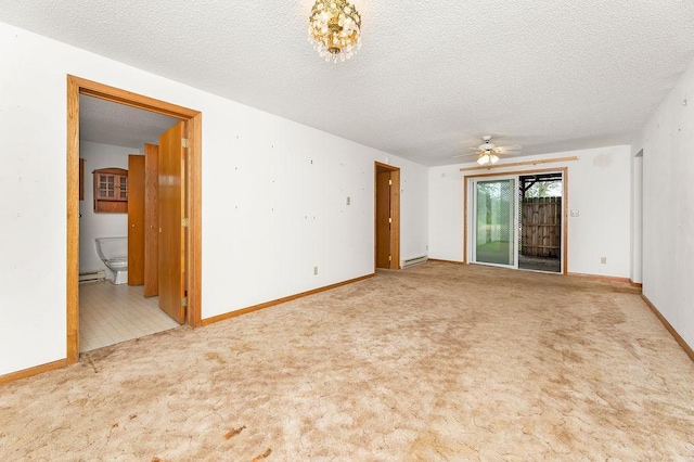 43394 Long Lake Ln, Ottertail, MN 56571 - empty room featuring carpet, a textured ceiling, a ceiling fan, and a baseboard heating unit
