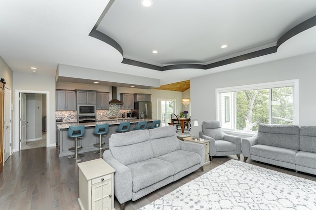 4338 Stone Crest Ln NE, Rochester, MN 55906 - living room with recessed lighting, dark wood-style flooring, a tray ceiling, and baseboards