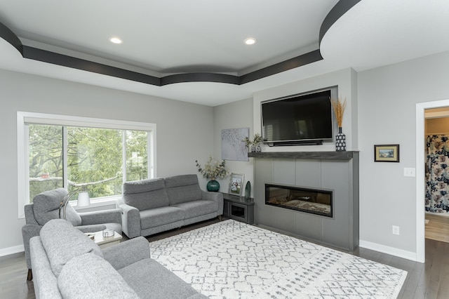 4338 Stone Crest Ln NE, Rochester, MN 55906 - living room with baseboards, wood finished floors, a glass covered fireplace, recessed lighting, and a tray ceiling