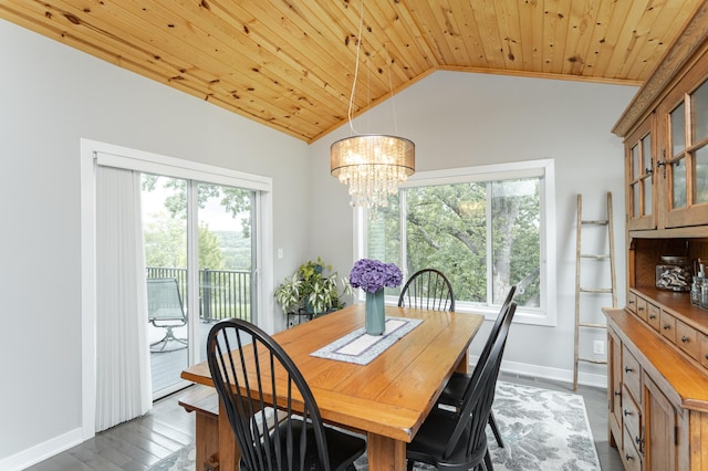 4338 Stone Crest Ln NE, Rochester, MN 55906 - dining room featuring lofted ceiling, wood ceiling, a chandelier, baseboards, and dark wood-style flooring