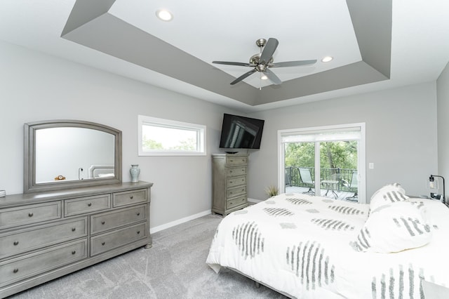 4338 Stone Crest Ln NE, Rochester, MN 55906 - carpeted bedroom with access to outside, a raised ceiling, baseboards, recessed lighting, and a ceiling fan