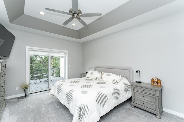 4338 Stone Crest Ln NE, Rochester, MN 55906 - bedroom with access to exterior, light colored carpet, a raised ceiling, baseboards, and recessed lighting