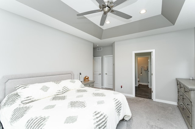 4338 Stone Crest Ln NE, Rochester, MN 55906 - bedroom with light carpet, baseboards, recessed lighting, a raised ceiling, and connected bathroom