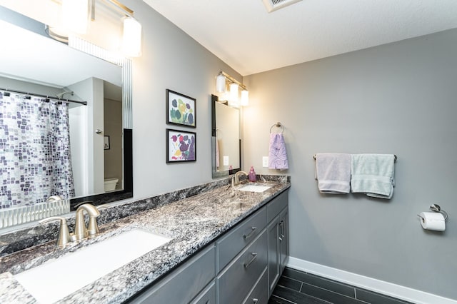 4338 Stone Crest Ln NE, Rochester, MN 55906 - bathroom with toilet, double vanity, baseboards, a shower with curtain, and wood tiled floors
