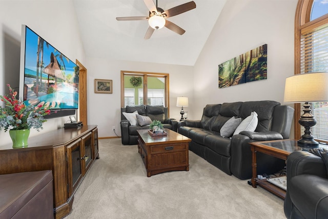 14023 Yellow Pine St NW, Andover, MN 55304 - living room featuring light colored carpet, ceiling fan, and high vaulted ceiling