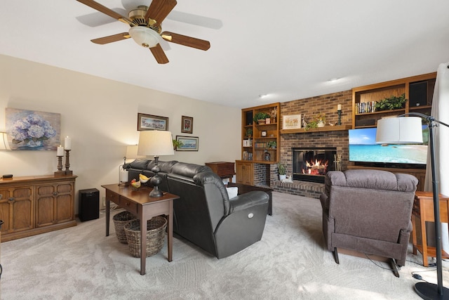 14023 Yellow Pine St NW, Andover, MN 55304 - living room with light colored carpet, a brick fireplace, ceiling fan, and built in features
