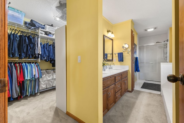 14023 Yellow Pine St NW, Andover, MN 55304 - full bathroom featuring double vanity, a shower stall, a spacious closet, and a textured ceiling
