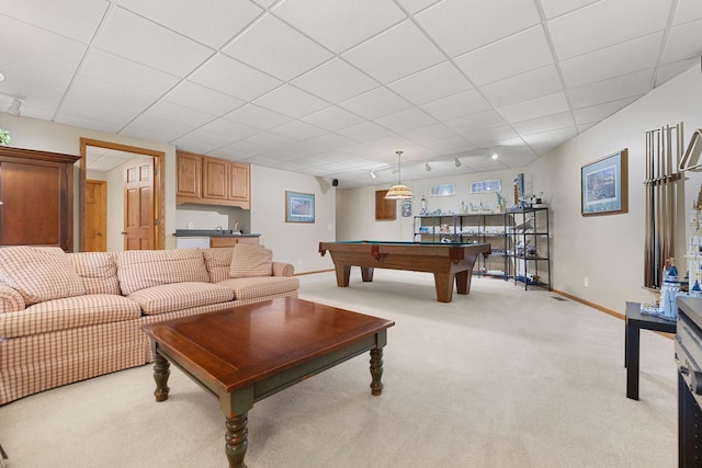 14023 Yellow Pine St NW, Andover, MN 55304 - living area featuring light colored carpet, bar with sink, billiards, and a drop ceiling