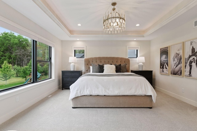 4998 Beach St NE, Prior Lake, MN 55372 - bedroom with a raised ceiling, carpet, a chandelier, baseboards, and ornamental molding