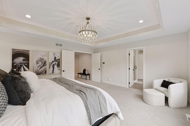 4998 Beach St NE, Prior Lake, MN 55372 - carpeted bedroom featuring a raised ceiling, recessed lighting, a chandelier, and baseboards