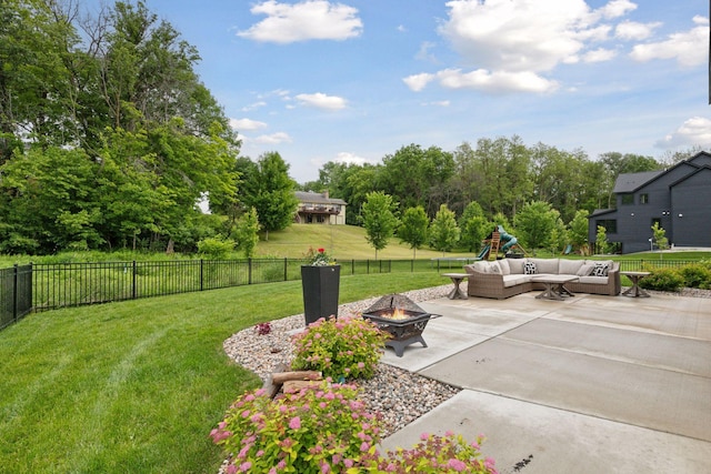 4998 Beach St NE, Prior Lake, MN 55372 - view of patio featuring an outdoor living space with a fire pit, view of scattered trees, and a playground