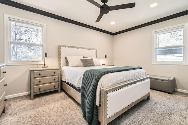 13812 Steven Rd, Burnsville, MN 55337 - bedroom featuring crown molding, light carpet, recessed lighting, and a ceiling fan