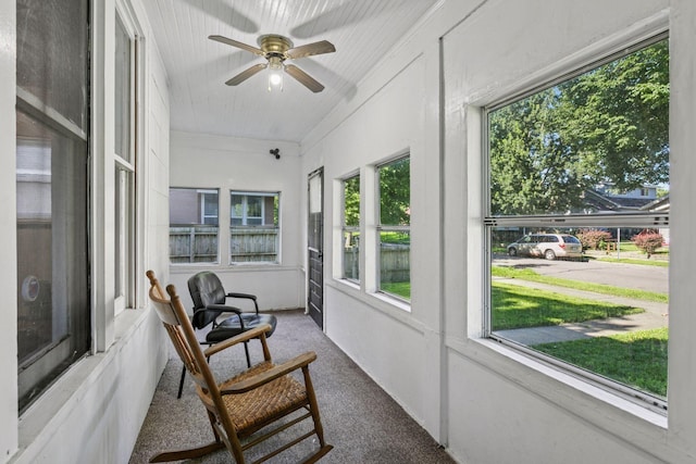4718 Colfax Ave N, Minneapolis, MN 55430 - sunroom / solarium with carpet flooring, a ceiling fan, and wooden ceiling