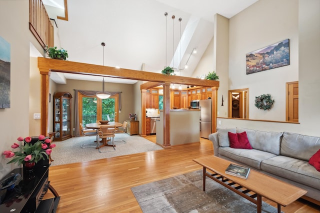 15795 Quebec Cir, Eden Prairie, MN 55346 - living room featuring high vaulted ceiling and light wood-style floors