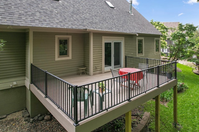 15795 Quebec Cir, Eden Prairie, MN 55346 - wooden terrace featuring outdoor dining space and a lawn