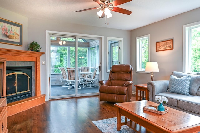 6490 White Dove Dr, Excelsior, MN 55331 - living area with wood finished floors, ceiling fan, a glass covered fireplace, and baseboards