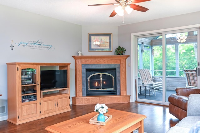 6490 White Dove Dr, Excelsior, MN 55331 - living room featuring ceiling fan, dark wood-type flooring, and a glass covered fireplace