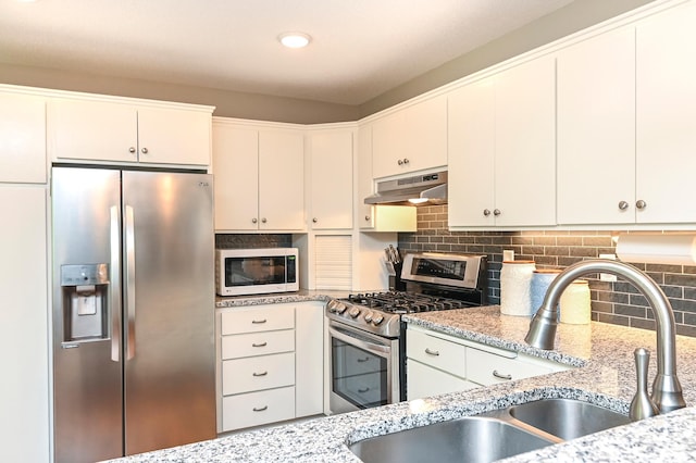 6490 White Dove Dr, Excelsior, MN 55331 - kitchen featuring appliances with stainless steel finishes, under cabinet range hood, a sink, tasteful backsplash, and white cabinets