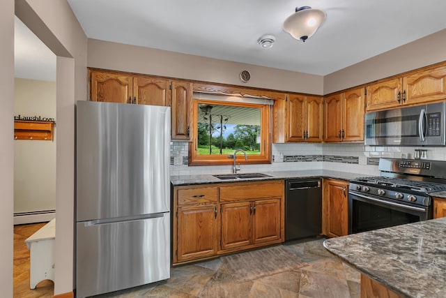 1341 75th Ave NE, Sauk Rapids, MN 56379 - kitchen with appliances with stainless steel finishes, baseboard heating, brown cabinetry, dark stone counters, and backsplash
